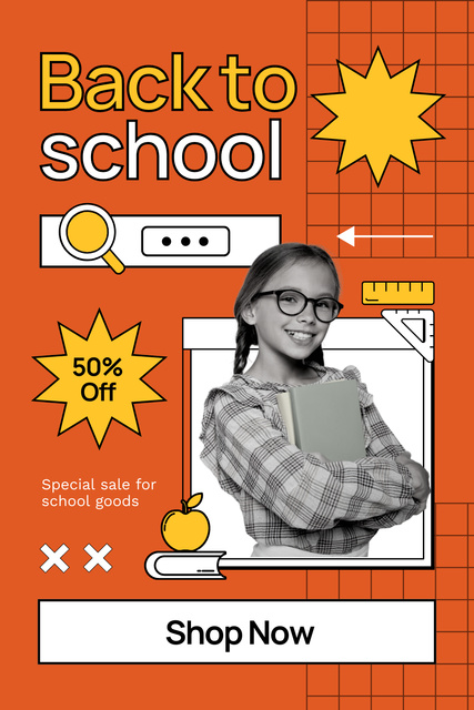 School Items Discount with Girl on Orange Pinterest Design Template