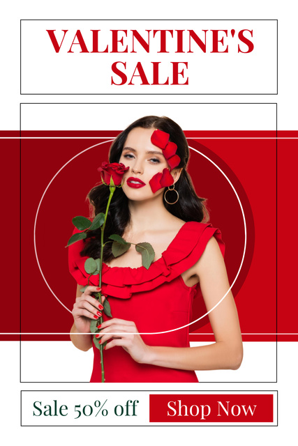 Valentine's Day Super Sale with Brunette in Red Pinterestデザインテンプレート