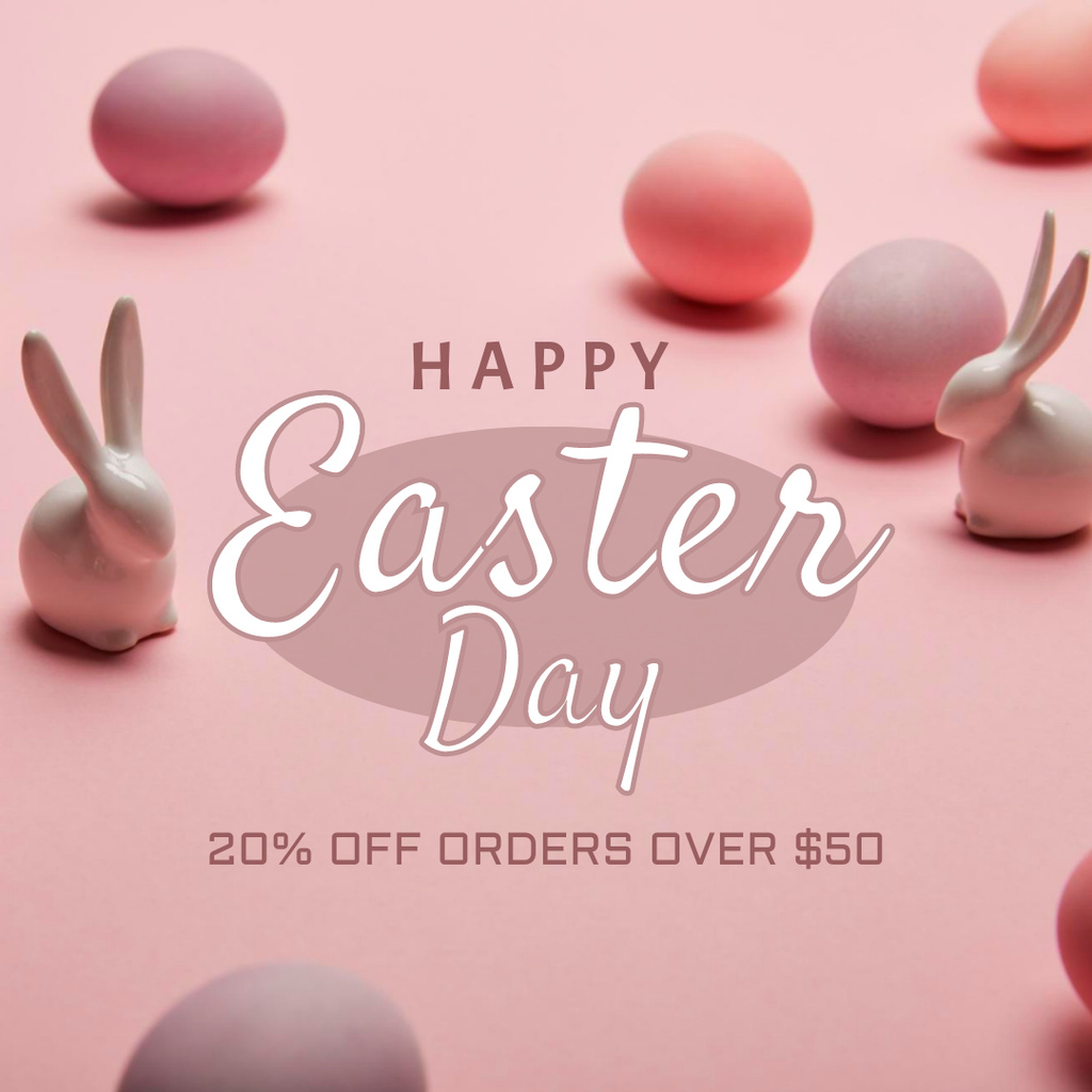 Easter Day Greetings with Cute Bunnies and Pink Eggs Instagram Design Template