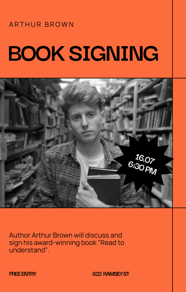 Book Signing Event with Guy in Library Invitation 4.6x7.2in Design Template