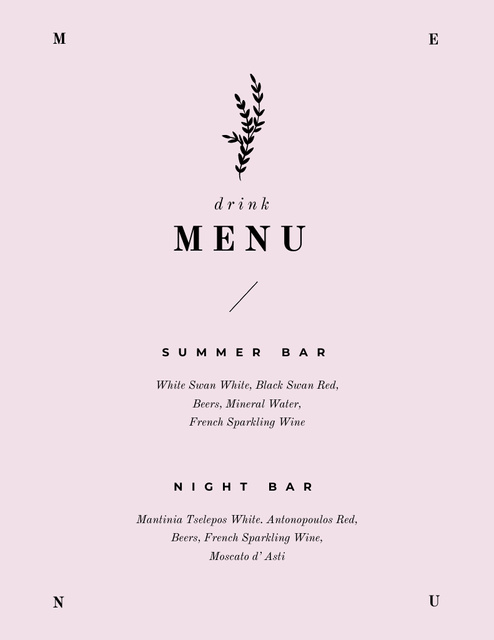 Summer And Night Bar Drinks In Pink Menu 8.5x11in Tasarım Şablonu