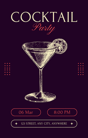 Cocktail Party Ad with Sketch of Drink on Dark Purple Invitation 4.6x7.2in tervezősablon