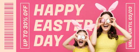 Easter Promotion with Happy Mother and Daughter in Bunny Ears with Easter Eggs Coupon Design Template