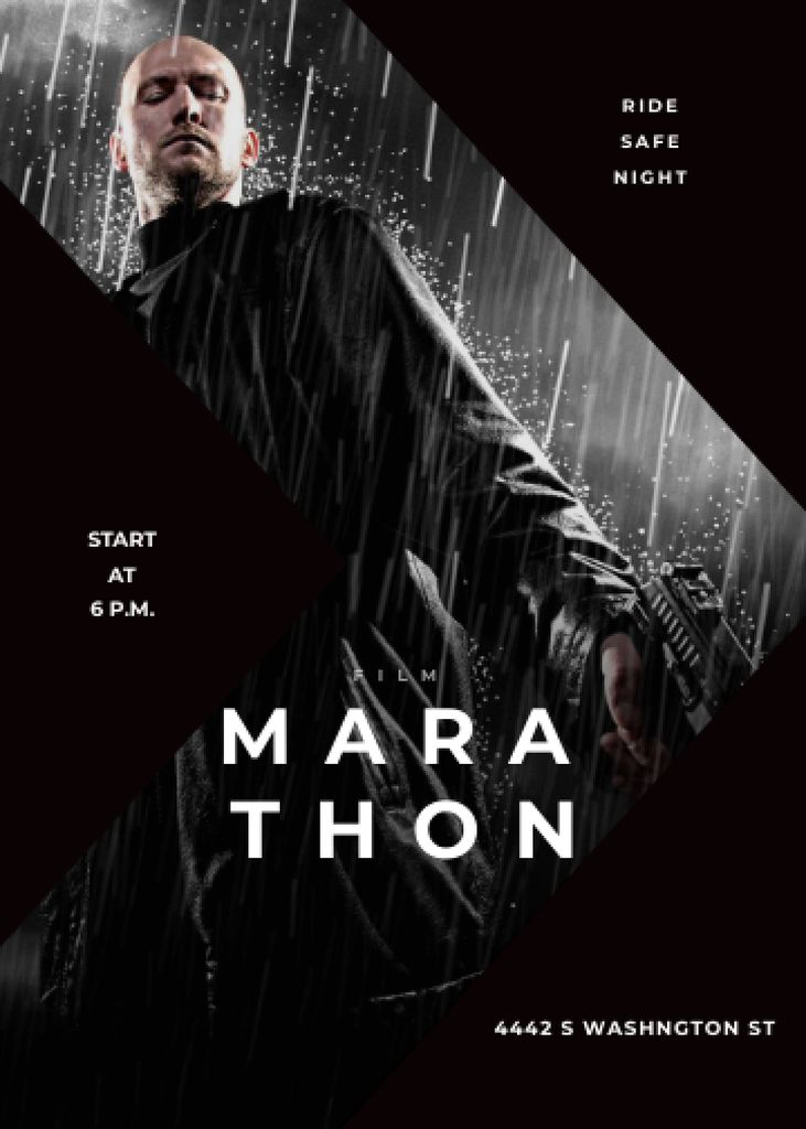 Plantilla de diseño de Film Marathon Ad Man with Gun under Rain Invitation 