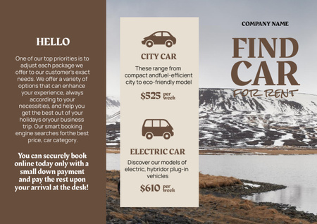 Car Rent Offer with Snowy Mountain and Lake Brochure Din Large Z-fold Modelo de Design