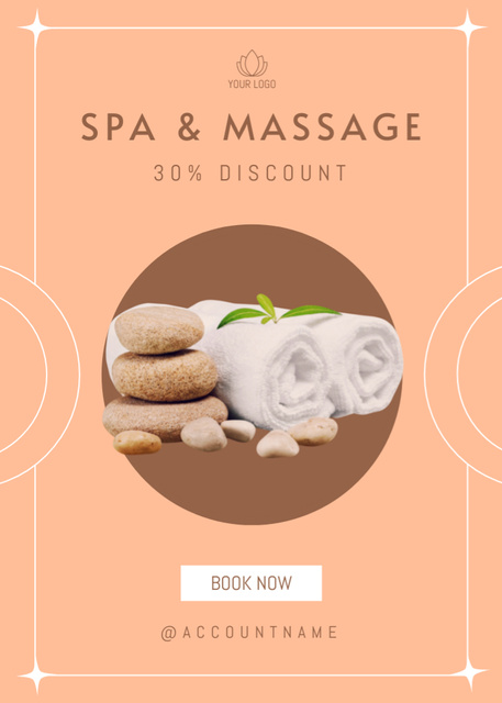 Ontwerpsjabloon van Flayer van Massage Studio Ad with Spa Stones and Towels