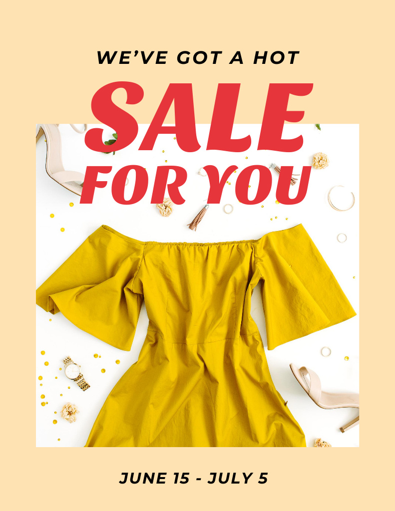 Platilla de diseño Clothes Sale Ad with Stylish Yellow Female Outfit Flyer 8.5x11in