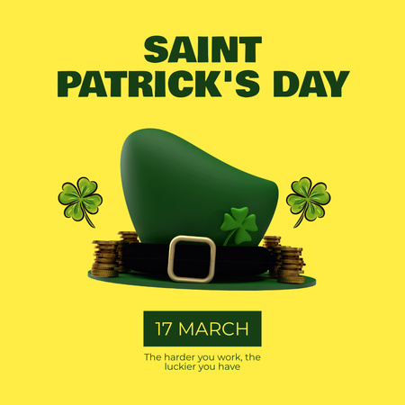 Designvorlage Festlicher Gruß zum St. Patrick's Day mit grünem Hut auf Gelb für Instagram