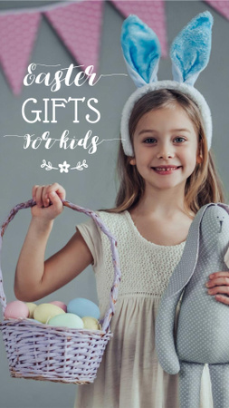 Platilla de diseño Easter Gifts Offer with Cute Girl holding Eggs Basket Instagram Story