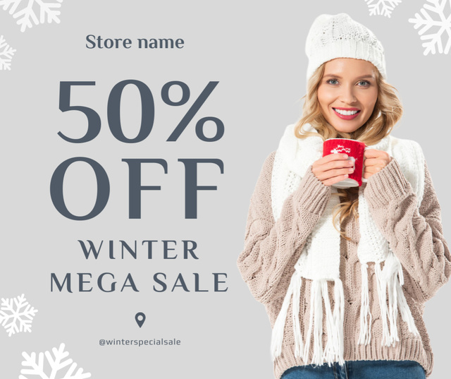 Fashion Sale Announcement with Smiling Woman in Winter Outfit Facebookデザインテンプレート