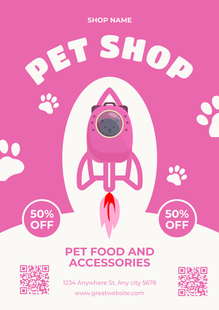Ontwerpsjabloon van Poster van Promo van voedsel en accessoires in Pet Shop op roze