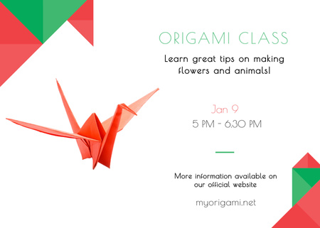 Plantilla de diseño de Clases De Origami Con Pájaro De Papel En Rojo Postcard 5x7in 