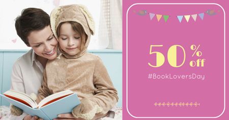 Book Lovers Day Offer with Woman and Child reading Facebook AD Design Template