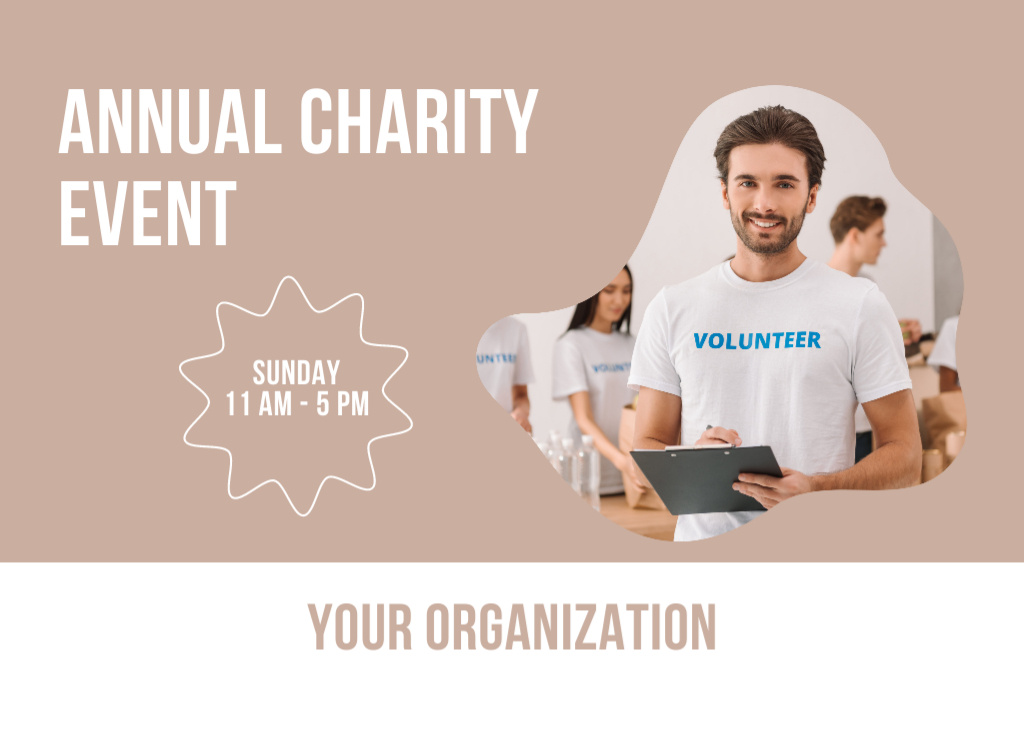 Designvorlage Happy Volunteers at Annual Charity Event für Flyer 5x7in Horizontal