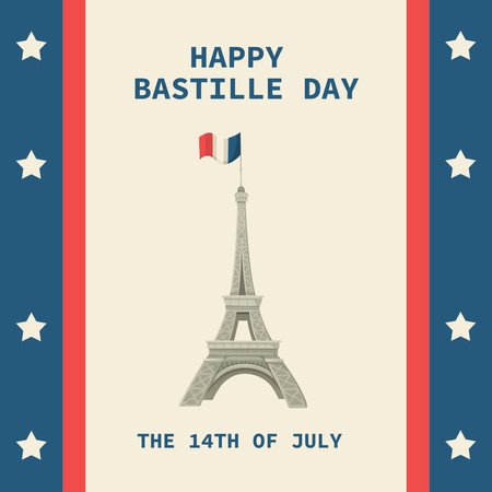 Plantilla de diseño de tarjeta de felicitación con torre eifel y estrellas para la celebración del día de la bastilla Instagram 