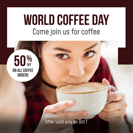Coffee Shop Promotion with Woman Drinking Cappuccino Instagram Design Template