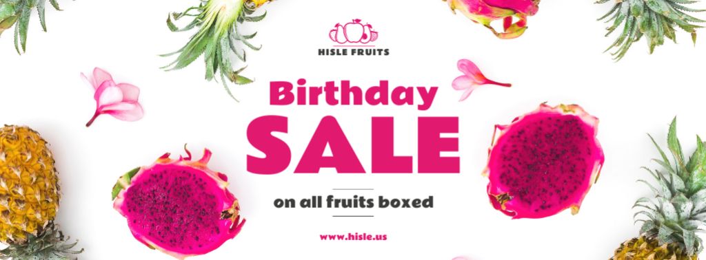 Birthday Sale Exotic Fruits on White Facebook coverデザインテンプレート