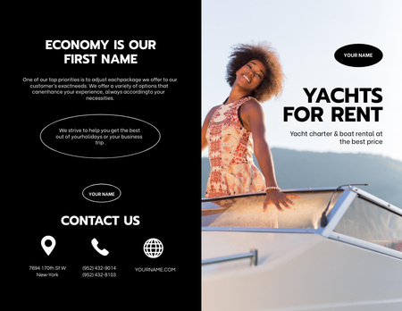 Yacht Rent Offer with Smiling Woman Brochure 8.5x11in Bi-fold Tasarım Şablonu