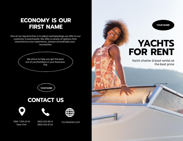 Ontwerpsjabloon van Brochure 8.5x11in Bi-fold van Yacht Rent Offer with Smiling Woman on Black