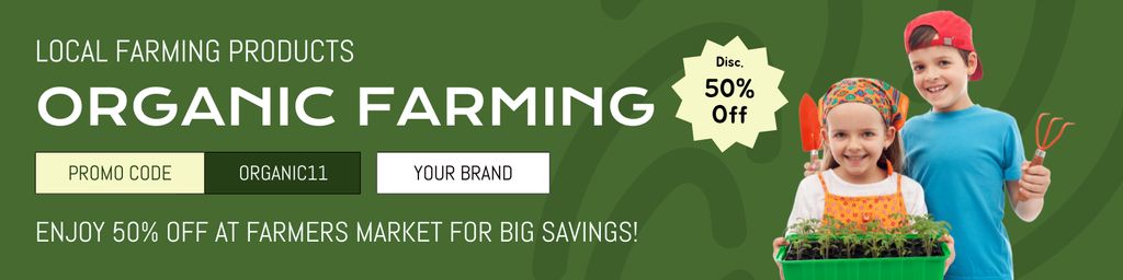 Discount on Organic Farm Products with Cute Kids Twitter tervezősablon