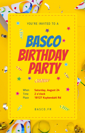 Birthday Party Invitation Confetti and Ribbons in Yellow Invitation 4.6x7.2in Design Template