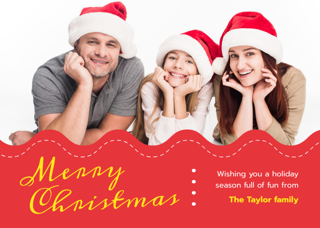 Plantilla de diseño de Gleeful Christmas Greeting And Family In Santa Hats Postcard 5x7in 