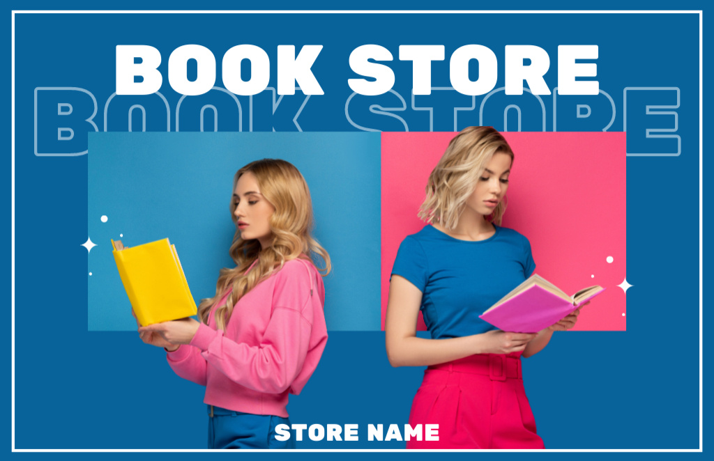 Bookstore Ad with Reading Women Business Card 85x55mm Tasarım Şablonu