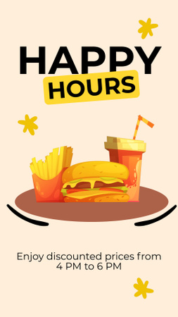 Designvorlage Happy Hours-Werbung mit Fast-Food-Illustration für Instagram Video Story