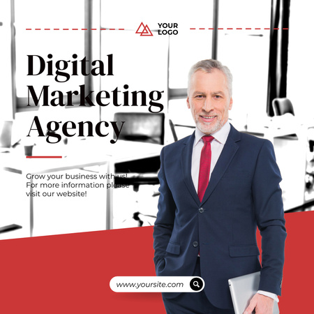Designvorlage Dienstleistungen einer Agentur für digitales Marketing mit repräsentativem Geschäftsmann im Anzug für Instagram