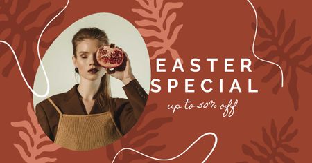 Platilla de diseño Easter Special with Stylish Woman holding Pomegranate Facebook AD