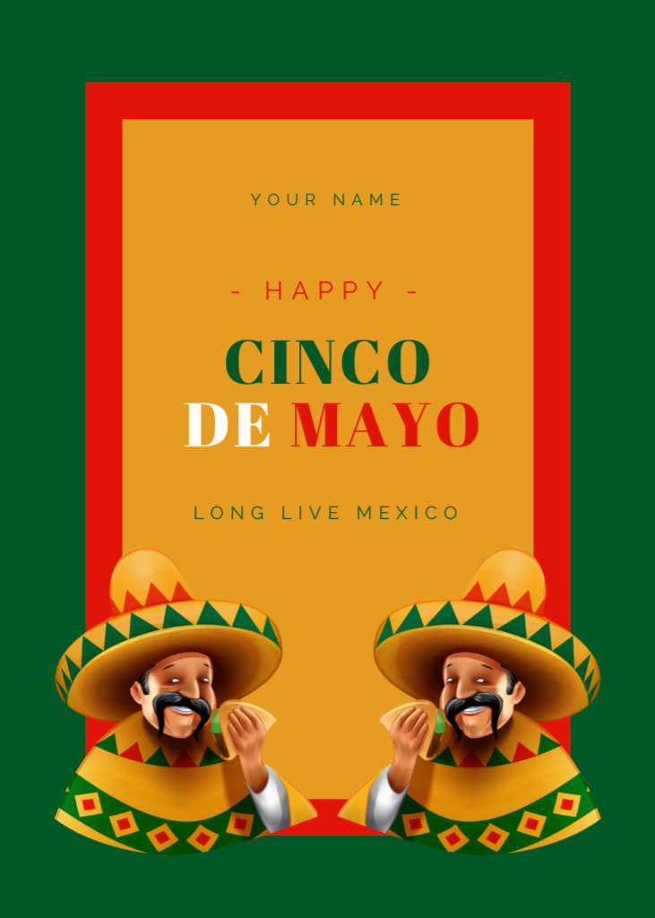 Platilla de diseño Cinco de Mayo Celebration With Tacos In National Costume on Green Postcard 5x7in Vertical