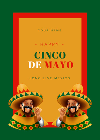 Designvorlage Cinco de Mayo-Feier mit Tacos in Nationaltracht auf Grün für Postcard 5x7in Vertical