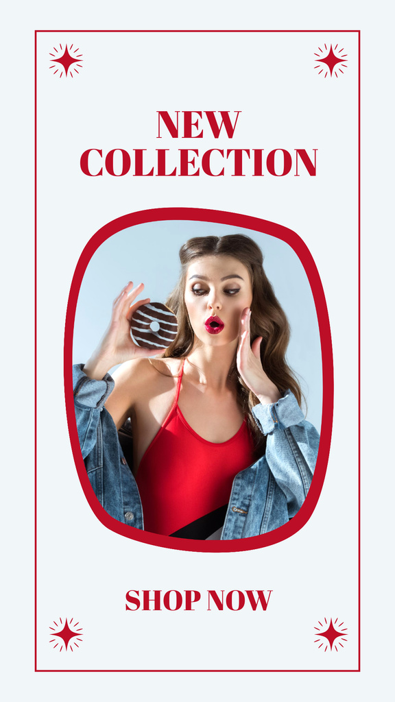 New Collection Ad with Stylish Woman holding Donut Instagram Story Šablona návrhu
