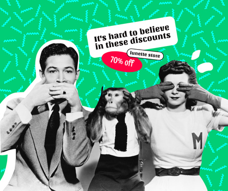 Sale Discount Announcement with Funny People and Monkey Facebook Modelo de Design