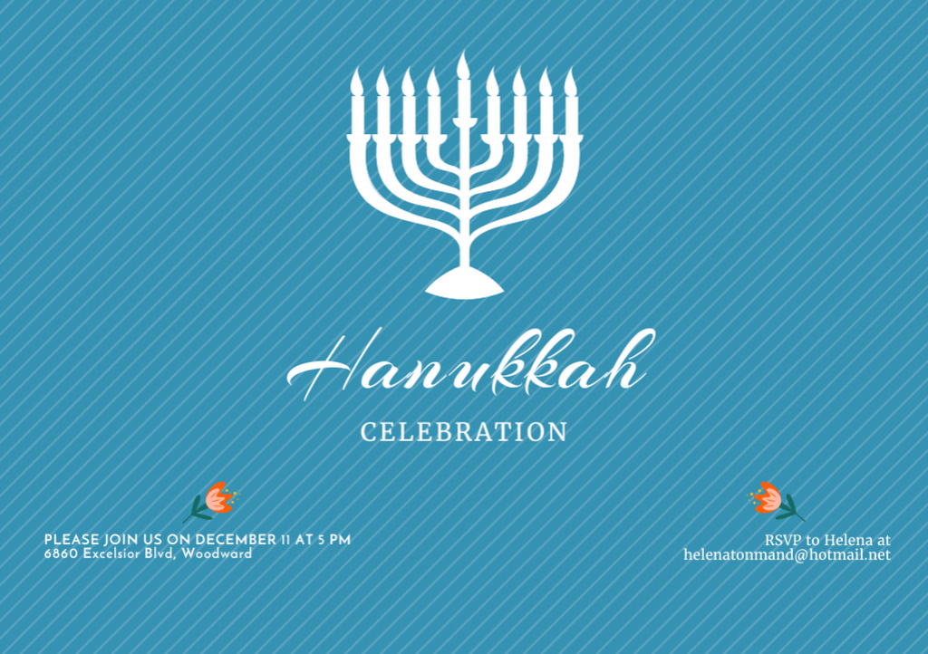 Hanukkah Celebration Announcement with Menorah on Blue Flyer A5 Horizontal Design Template
