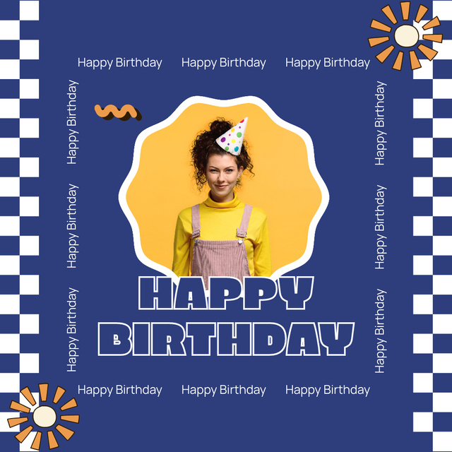 Happy Birthday Greeting to Young Woman on Blue Instagram Design Template