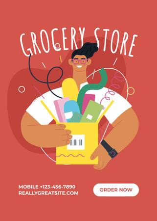 Grocery Store Ad with Happy Man Holding Food Bag Flayer Design Template
