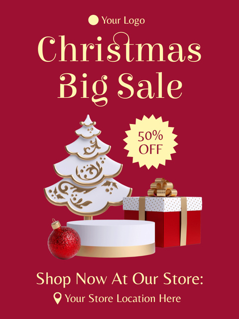Christmas Big Sale with Cute Christmas Tree Figurine Poster US Design Template