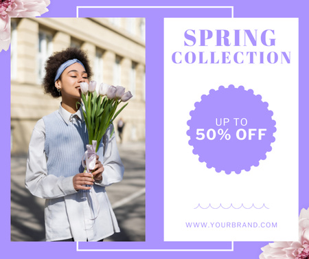 Ontwerpsjabloon van Facebook van Spring Collection Sale with African American Woman with Tulip Bouquet