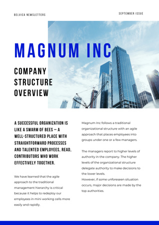 Company Structure Overview with Skyscrapers in City Newsletter Design Template