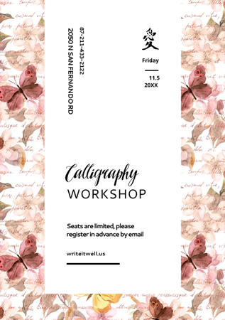Calligraphy Workshop Announcement with Watercolor Flowers Flyer A7 Design Template