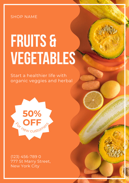 Fresh Fruits and Vegetables for Grocery Store Ad Poster Design Template