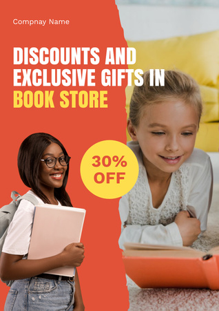Offer of Discounts and Gifts in Bookstore Poster Design Template