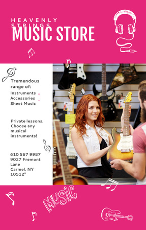 Music Store Ad Woman Selling Guitar Invitation 4.6x7.2in Design Template