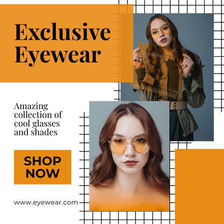 Exclusive Eyeware Sale Announcement with Woman in Yellow Glasses Instagram Tasarım Şablonu