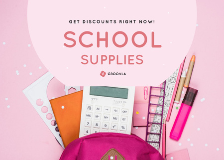 Modèle de visuel Back to School Discount on Stationery Ad on Pink - Flyer 5x7in Horizontal