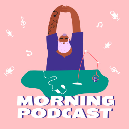 Morning Podcast Announcement with Man in Studio Podcast Cover Modelo de Design