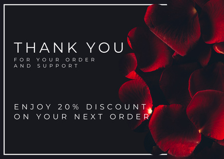 Message Thank You For Your Order and Support with Red Rose Petals on Black Card Design Template
