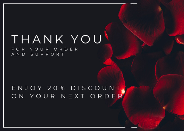 Platilla de diseño Message Thank You For Your Order and Support with Red Rose Petals on Black Card