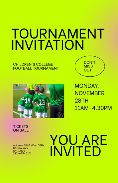 Children's College Football Tournament Announcement in Green Invitation 5.5x8.5in Tasarım Şablonu